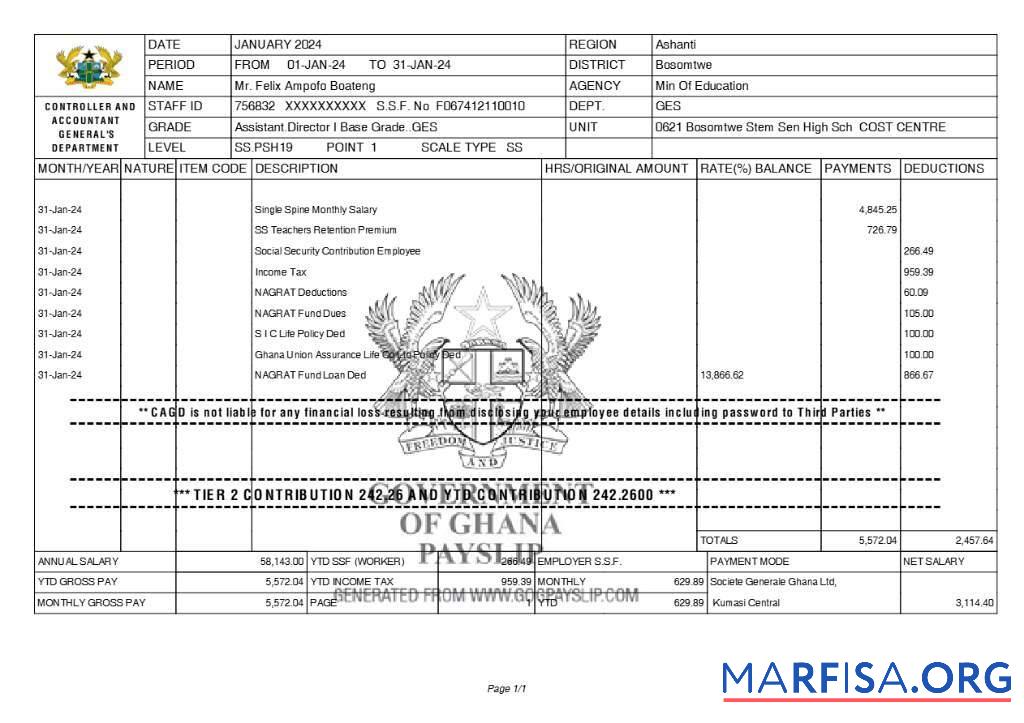 Blank Ghana Controller and Accountant General's Department payslip example